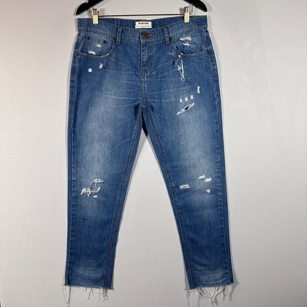 One Teaspoon Distressed Cropped Skinny Jeans Raw Hem Blue Denim